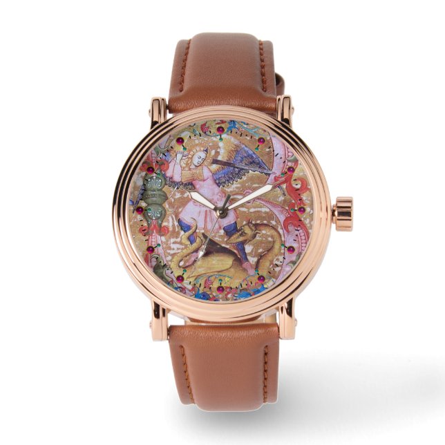 St. Michael Archangel And Dragon Antique Floral Watch (Front)