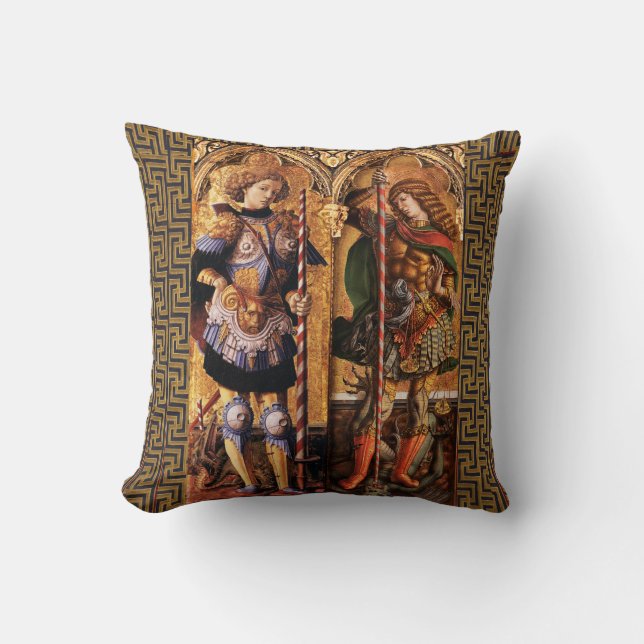 St. Michael Archangel and Saint George with Dragon Throw Pillow (Front)