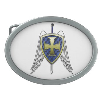 St Michael - Dragon Scale Shield Oval Belt Buckle by SteelCrossGraphics at Zazzle