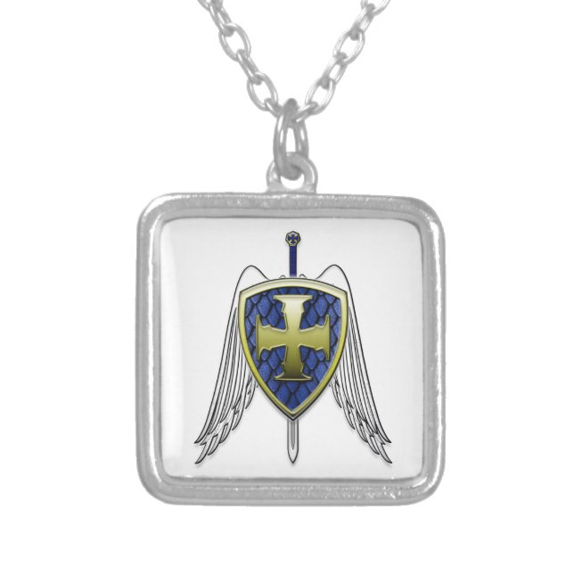 St Michael - Dragon Scale Shield Silver Plated Necklace (Front)