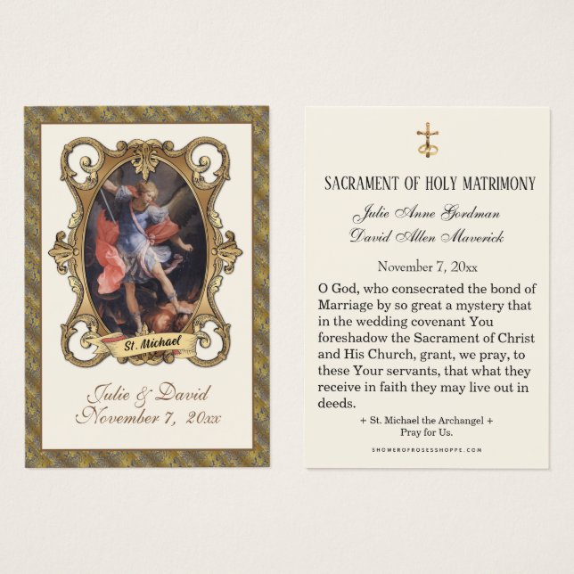 St. Michael Elegant Gold Wedding Favor Card  (Front & Back)