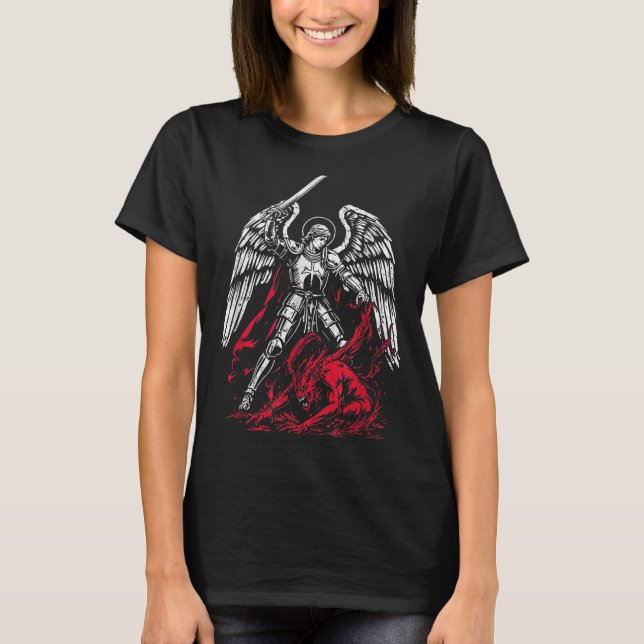 St Michael The Archangel Defeats Satan Catholic  T-Shirt (Front)