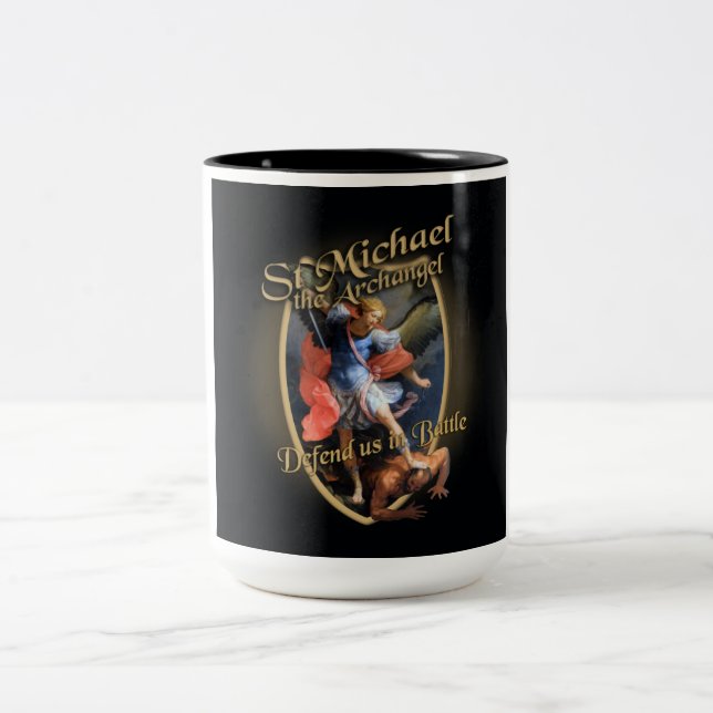 ST MICHAEL THE ARCHANGEL DEFEND US IN BATTLE Two-Tone COFFEE MUG (Center)
