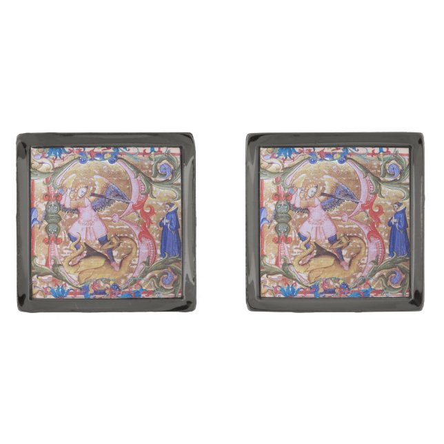 St. Michael the Archangel Monogram Antique Floral Cufflinks (Front)
