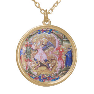St. Michael the Archangel Monogram Antique Floral Gold Plated Necklace