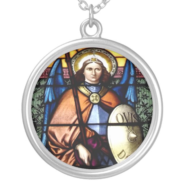 St. Michael The Archangel Stained Glass Window Silver Plated Necklace (Front)