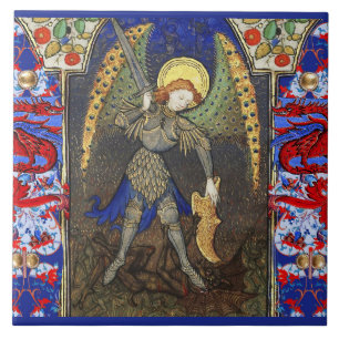 St. Michael the Archangel with Devil , Red Dragons Ceramic Tile