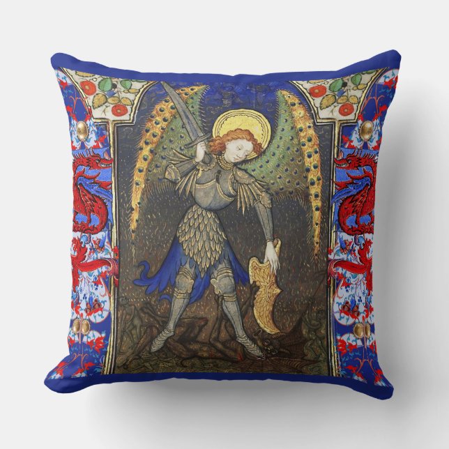 St. Michael the Archangel with Devil , Red Dragons Throw Pillow (Front)