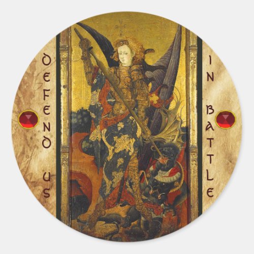 St Michael Vanquishing Devil as Medieval Knight Classic Round Sticker