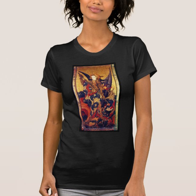 St. Michael Vanquishing Devil as Medieval Knight T-Shirt (Front)