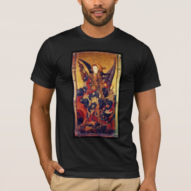 St. Michael Vanquishing Devil as Medieval Knight T-Shirt (Front)