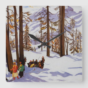 St. Moritz Vintage Skiers Alpine Elegance Art Square Wall Clock