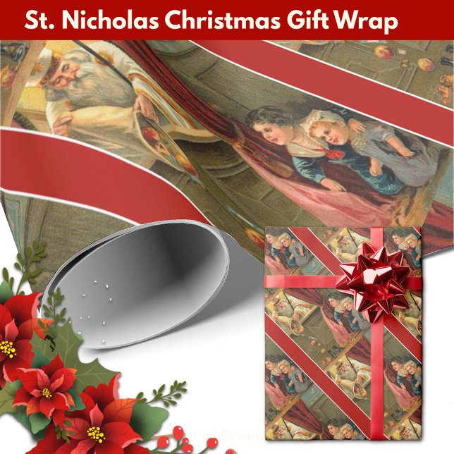 St. Nicholas Children Fruit Toys Feast Christmas Wrapping Paper (Festive Christmas gift wrap with St. Nicholas handing out candy to the children! )