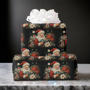 St Nicholas Christmas Poinsettia Flowers Black Wrapping Paper