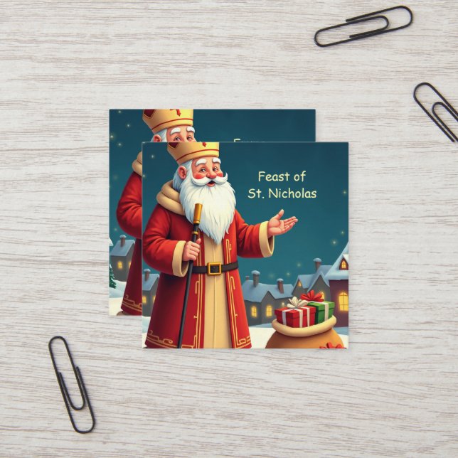 St. Nicholas Day Smiles and Warm Wishes Square Business Card (Front/Back In Situ)
