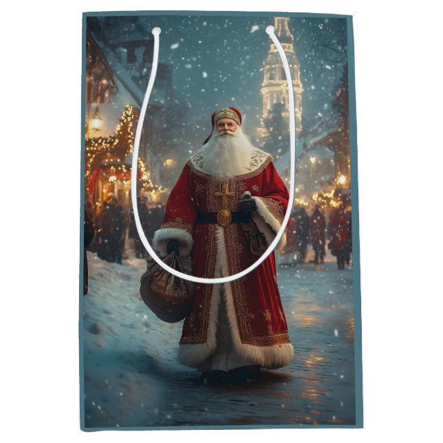 St. Nicholas in a Festive Snowy Village  Medium Gift Bag (Front)