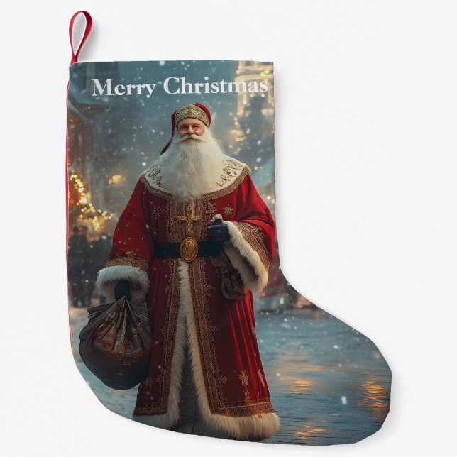 St. Nicholas in a Festive Snowy Village  Small Christmas Stocking (Front)