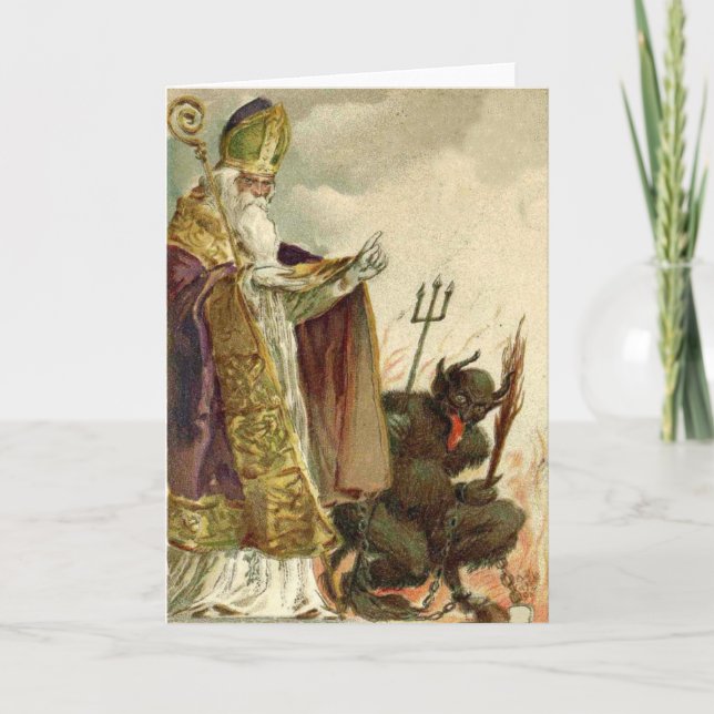 St Nicholas Krampus Pitchfork Priest Holiday Card (Front)