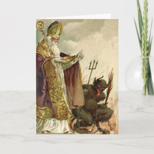 St Nicholas Krampus Pitchfork Priest Holiday Card