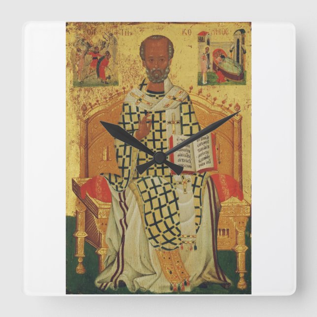 St. Nicholas of Myra Byzantine Orthodox Icon Square Wall Clock (Front)