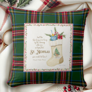 St. Nicholas Santa Christmas Stocking Tartan Plaid Throw Pillow