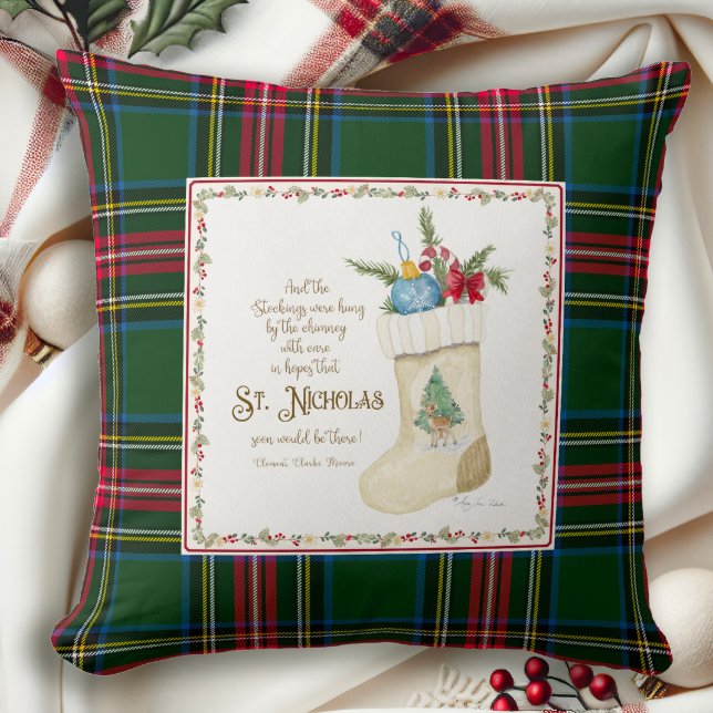 St. Nicholas Santa Christmas Stocking Tartan Plaid Throw Pillow (Creator Uploaded)