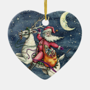 ST. NICK, FLYING WHITE REINDEER, CHRISTMAS MAGIC CERAMIC ORNAMENT