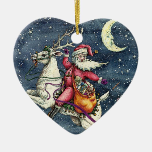 ST. NICK, FLYING WHITE REINDEER, CHRISTMAS MAGIC CERAMIC ORNAMENT (Front)