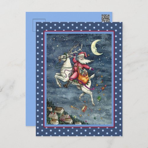 ST NICK FLYING WHITE REINDEER CHRISTMAS MAGIC HOLIDAY POSTCARD