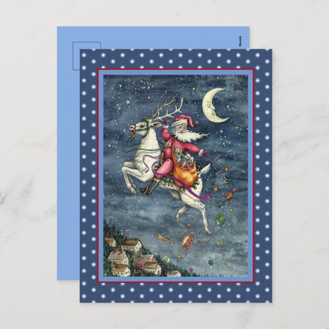 ST. NICK, FLYING WHITE REINDEER, CHRISTMAS MAGIC HOLIDAY POSTCARD (Front/Back)