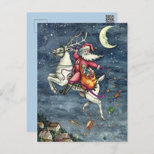 ST NICK FLYING WHITE REINDEER CHRISTMAS MAGIC HOLIDAY POSTCARD