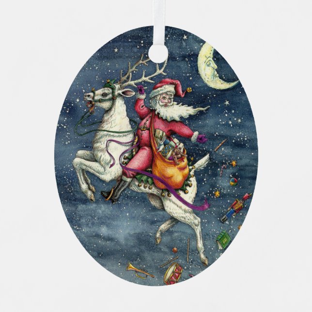 ST. NICK, FLYING WHITE REINDEER, CHRISTMAS MAGIC METAL ORNAMENT (Front)