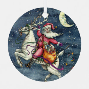 ST. NICK, FLYING WHITE REINDEER, CHRISTMAS MAGIC METAL ORNAMENT