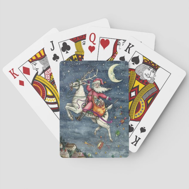ST. NICK, FLYING WHITE REINDEER, CHRISTMAS MAGIC POKER CARDS (Back)