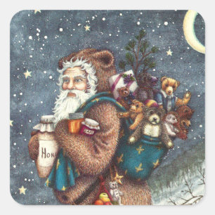 ST. NICK IN TEDDY BEAR SUIT, CHRISTMAS TEDDIES SQUARE STICKER