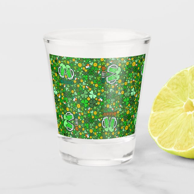 St. Paddy's Day Green Gold Coins Shamrock Slainte Shot Glass (Front)