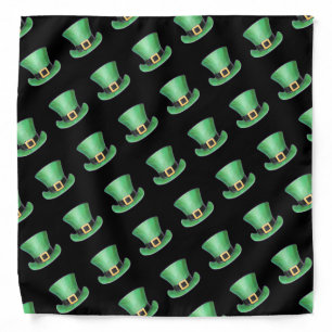 St Paddy's Day Green Top Hat Pattern on Black Bandana