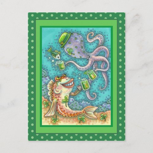 St. PADDY'S FISH AND OCTOPUS CHEERS TO GREEN BEER Holiday Postcard