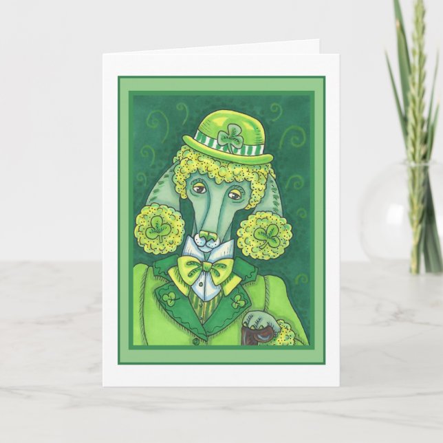 ST. PADDY'S IRISH GREEN FRENCH POODLE, LUCKY DOG HOLIDAY CARD (Front)
