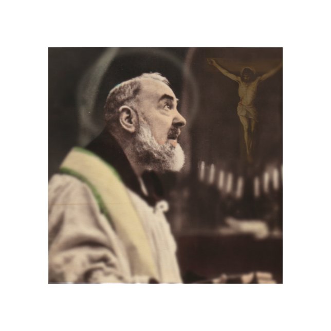 ST PADRE PIO CELEBRATING MASS WOOD WALL ART (Front)