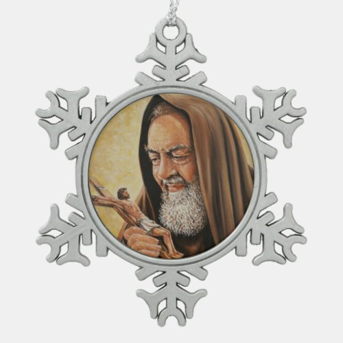 St Padre Pio with Crucifix Snowflake Pewter Christmas Ornament