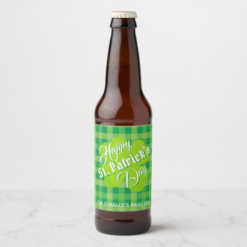 St Patrcks Day Lucky Clover Green Tartan Custom Beer Bottle Label