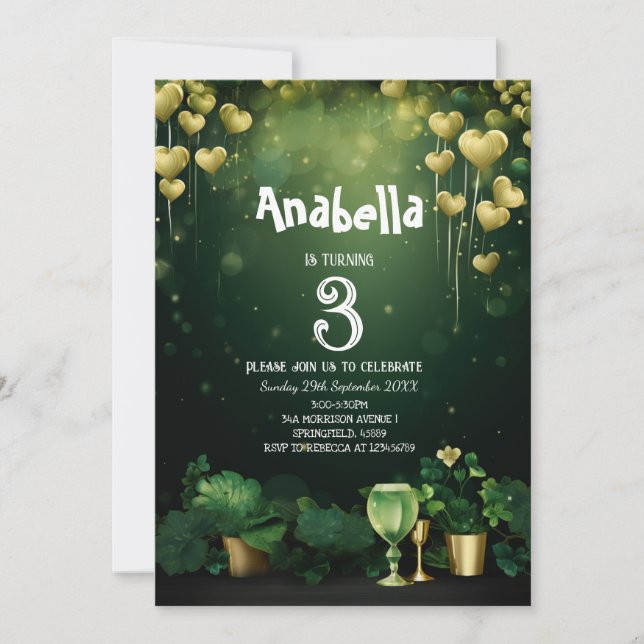 St. Patrick birthday party clovers and balloons  Invitation (Front)