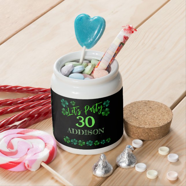 St Patrick Day Birthday Lets party shamrock Candy Jar (In Situ)