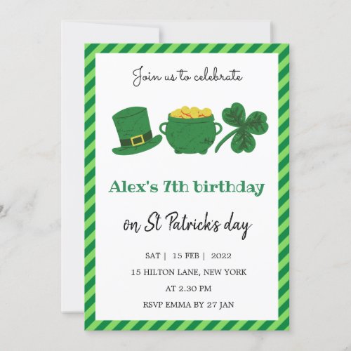 St Patrick Day Birthday Shamrock Green Invitation