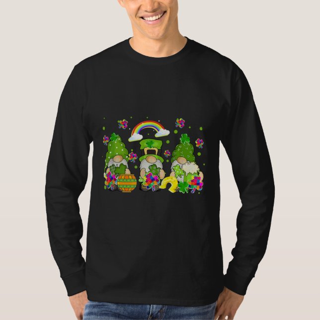 St Patrick Day Gnome Puzzle Pieces Shamrock Autism T-Shirt (Front)