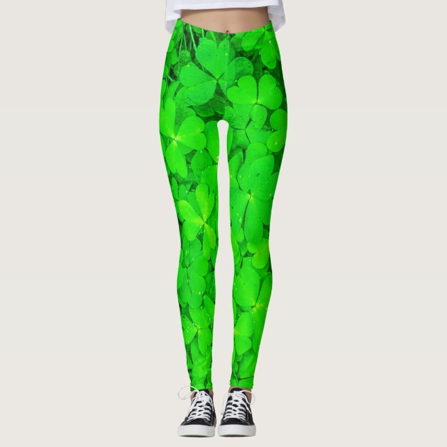 St. Patrick Day Irish Shamrock Clovers Green Leggings (Front)