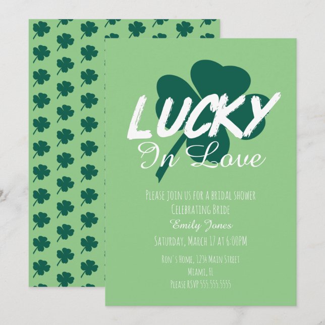 St Patrick Day Lucky In Love Green Bridal Shower  Invitation (Front/Back)