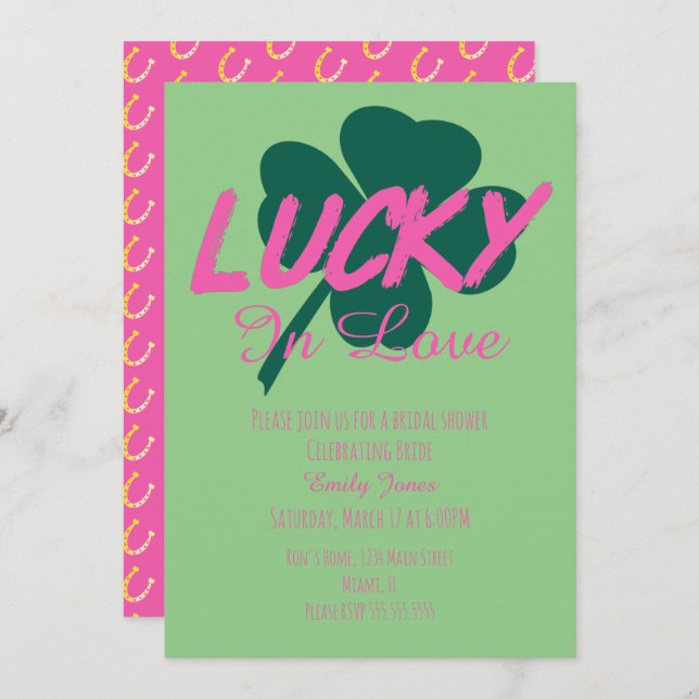 St Patrick Day Lucky Pink Bridal Shower Invitation (Front/Back)
