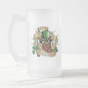 St. Patrick, Day of the Beer, Skull, Leprechaun, Frosted Glass Beer Mug